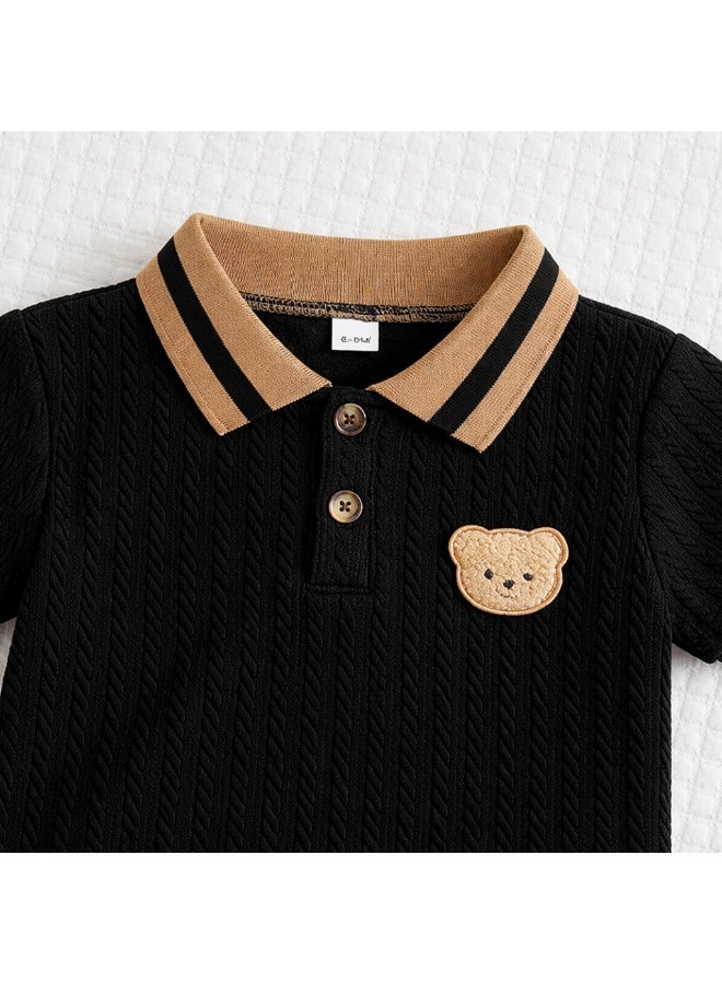 Smarties AE Toddler Boys 2-Piece Outfit Set (18–24 Months) – Cable Knit Polo Shirt with Teddy Patch & Elastic Waist Shorts – Soft Summer Clothing Set for Baby Boys - Image 4