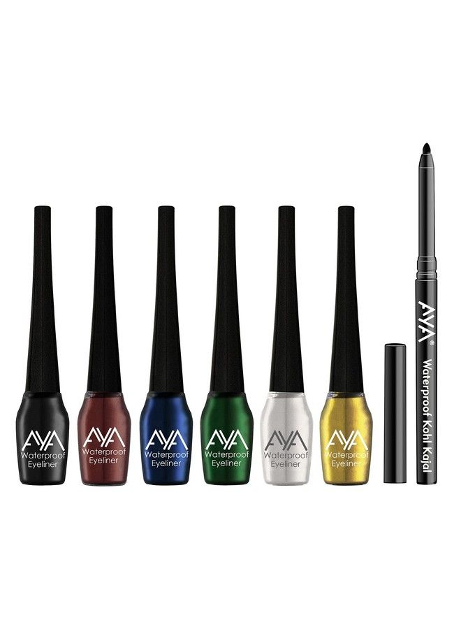 AYA Waterproof & Long Lasting Eyeliner Set Of 6 (Black Blue Brown Green Silver Golden) + Jet Black Waterproof Kohl Kajal; Smudge Proof Transfer Proof Eye Liner Kajal For Eye Makeup; - Image 1