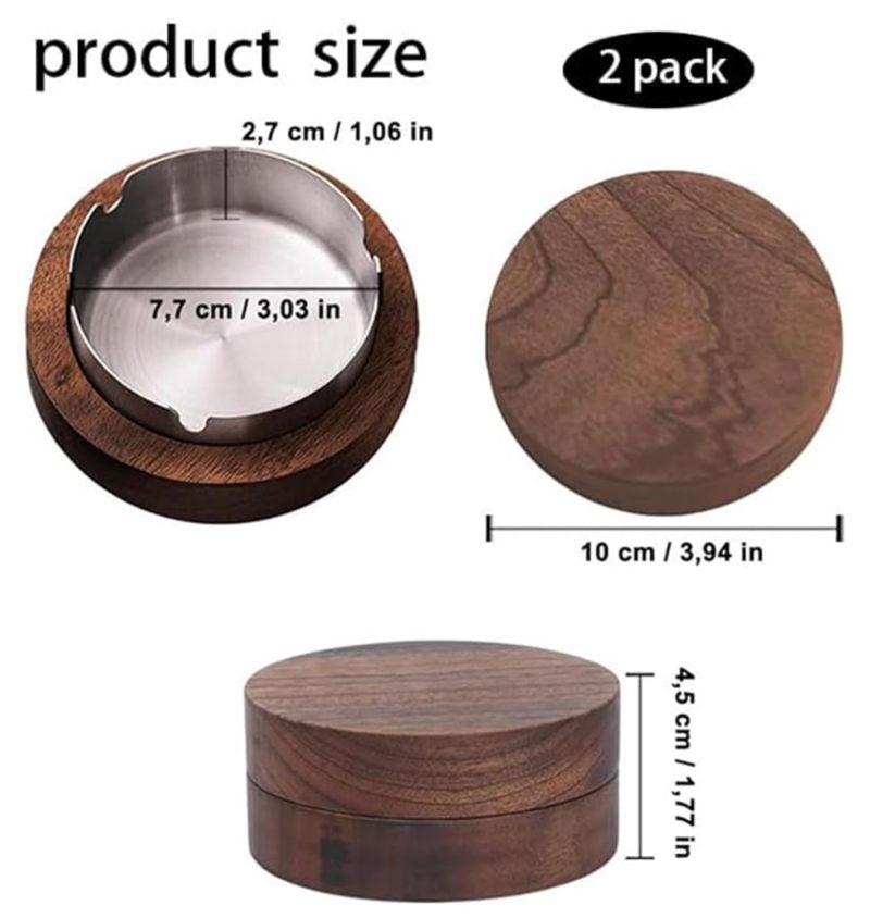 Walnut Wood Ashtray With Wind-Resistant Lid - Odor-Proof Seal for Indoor Air - Easy Clean Stainless Steel Insert - Set Of 2 Compact 10.4 cm Base for Living Room Office Bar - Image 2