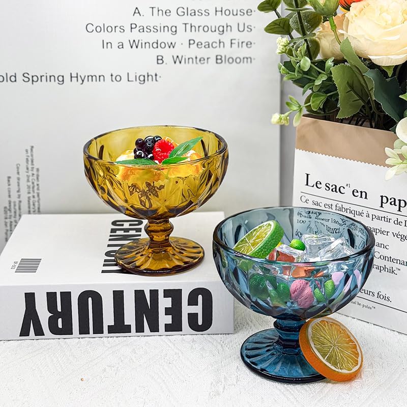 CHLJAR Vintage Glass Dessert Bowls Set of 612 Oz Blue Embossed Glass Ice Cream Bowls for coconut peach ice cream Fruit Pudding Trifle Parfait12 Oz rhombic - Image 4