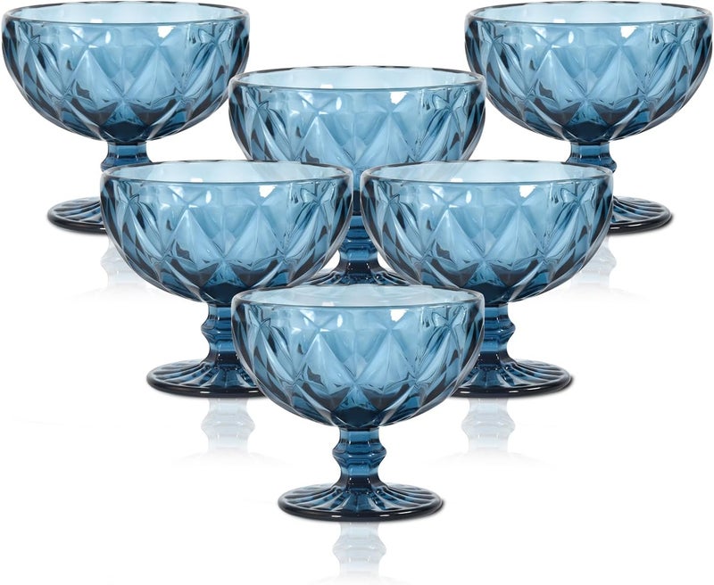 CHLJAR Vintage Glass Dessert Bowls Set of 612 Oz Blue Embossed Glass Ice Cream Bowls for coconut peach ice cream Fruit Pudding Trifle Parfait12 Oz rhombic - Image 1