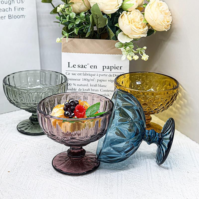 CHLJAR Vintage Glass Dessert Bowls Set of 612 Oz Blue Embossed Glass Ice Cream Bowls for coconut peach ice cream Fruit Pudding Trifle Parfait12 Oz rhombic - Image 5