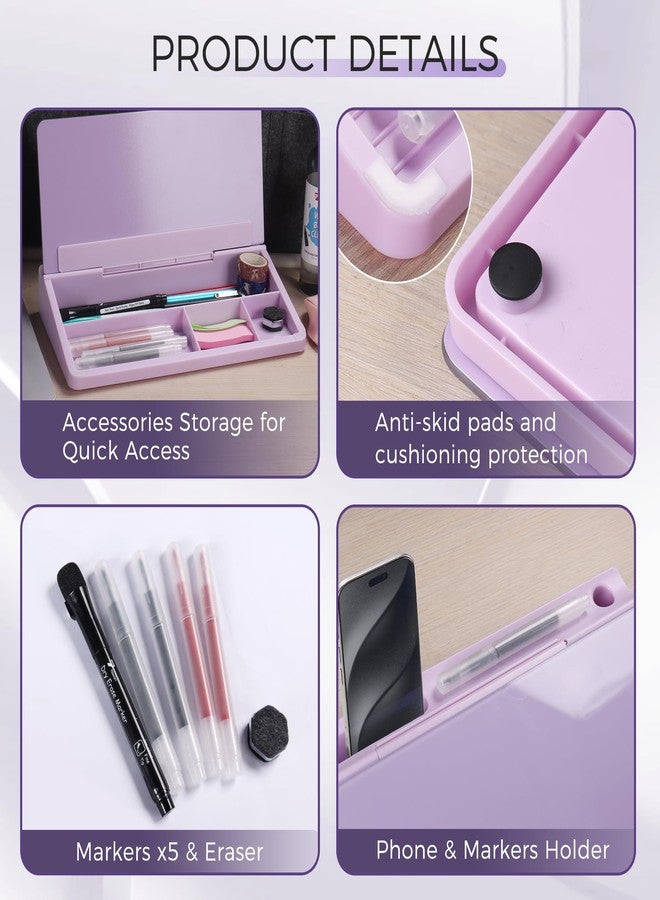 TOWON Small Compact Glass Desktop Whiteboard with Storage - 12 x 7 in Dry Erase Board for Desk, Home Office, School | Includes 5 Markers, Eraser & Holder | Space-Saving Organizer, Aesthetic Lavender - Image 3