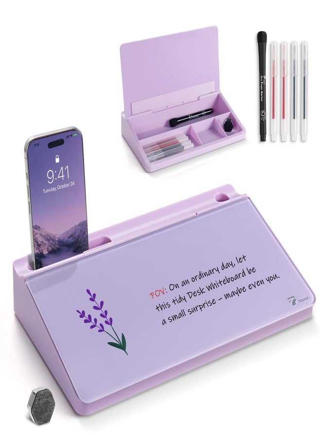 TOWON Small Compact Glass Desktop Whiteboard with Storage - 12 x 7 in Dry Erase Board for Desk, Home Office, School | Includes 5 Markers, Eraser & Holder | Space-Saving Organizer, Aesthetic Lavender - Image 1