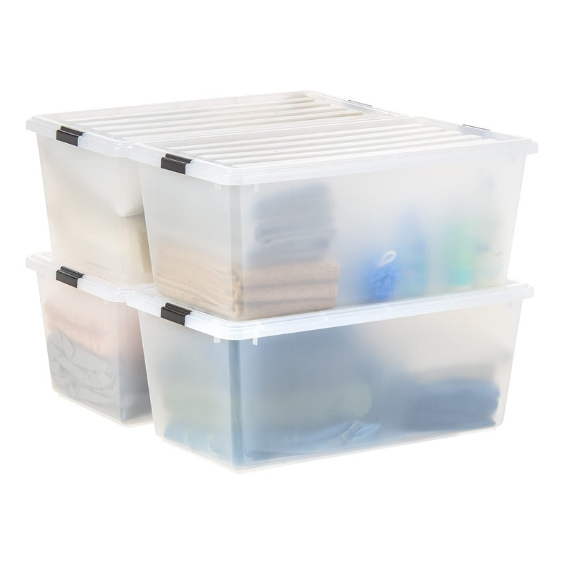 IRIS USA 91 Qt Stackable Plastic Storage Bins with Lids 4 Pack  BPAFree SeeThrough Organizing Solution Latches Durable Nestable Containers Secure Pull Handle Made in USA  Clear