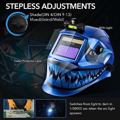 TRQWH Welding Hood Auto Darkening Welding Helmet with Light True Color 1/1/1/2 Top Optical Clarity Wide Shade 9-13 Welding Mask with Welding Gloves (KTS-JD03) - Image 5