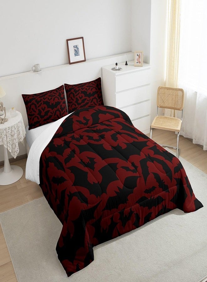 Castle Fairy طقم لحاف قلعة الجنية لعيد الهالوين، حجم كوين، طباعة خفافيش سوداء على شكل حيوانات لسرير المراهقين والبالغين، طقم لحاف فاخر بأناقة قوطية حمراء، 2 غطاء وسادة - Image 4