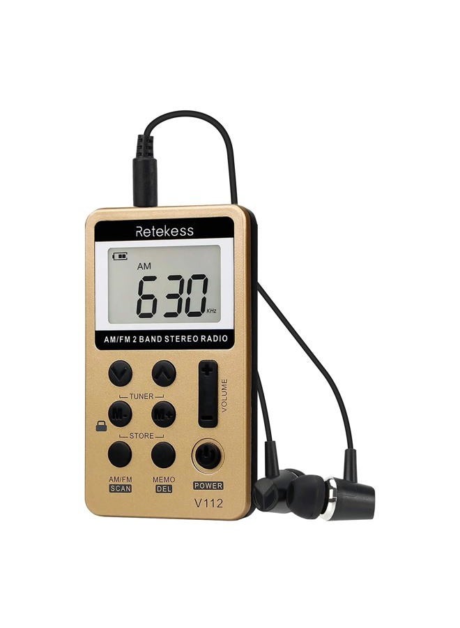 Retekess V-112 Portable AM FM Stereo Radio with Earphones Pocket Mini Digital Tuning Rechargeable Battery LCD Display for Walk(Gold) - Image 1