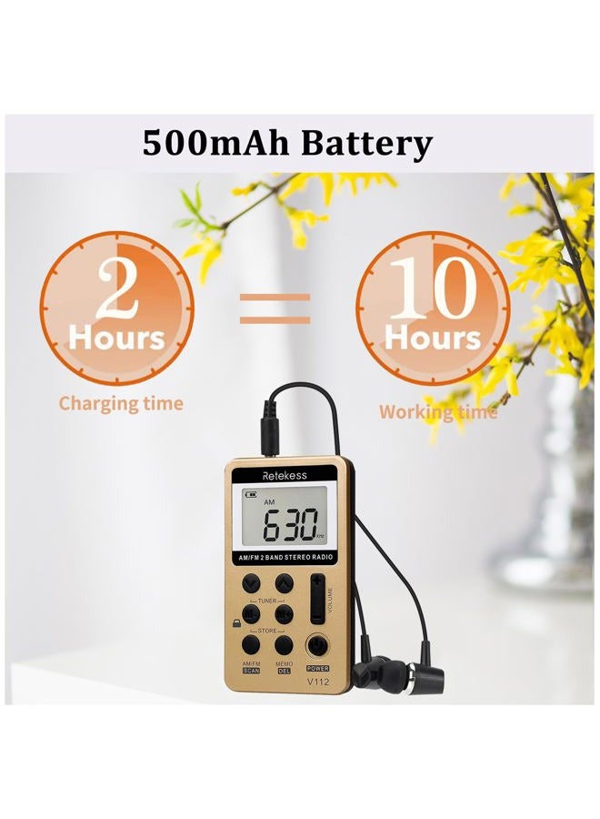 Retekess V-112 Portable AM FM Stereo Radio with Earphones Pocket Mini Digital Tuning Rechargeable Battery LCD Display for Walk(Gold) - Image 5