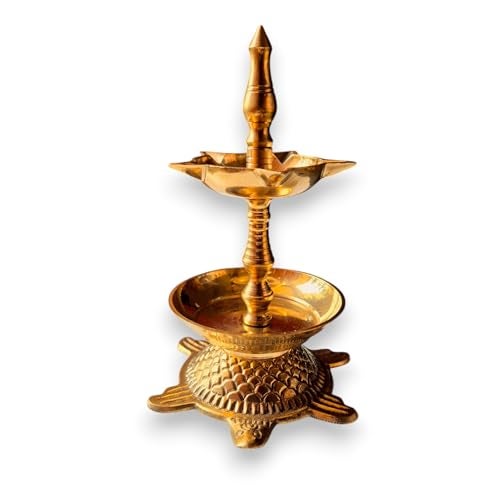 RAISOM Kerala Brass Tortoise Panchmukhi Good Luck Diya with Flower Holder | Small Size Kachua Kuthu Vilakku for Home, Office & Gifting | Length : 5.5 inches, Weight : 250 Grams - Image 1