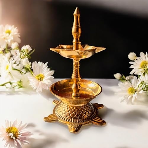 RAISOM Kerala Brass Tortoise Panchmukhi Good Luck Diya with Flower Holder | Small Size Kachua Kuthu Vilakku for Home, Office & Gifting | Length : 5.5 inches, Weight : 250 Grams - Image 4