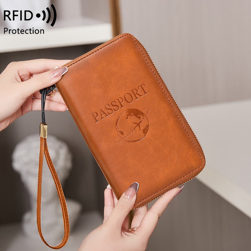 Multifunctional Solid Color PU Leather Wallet, RFID Blocking Design Portable Daily Storage Purse for Cards Cash Coin Business Use - Image 1
