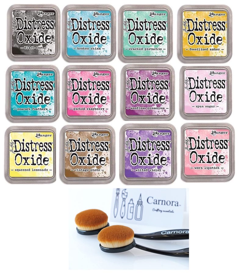 Tim Holtz Ranger Distress Oxide Ink Pad Bundle Includes 12 Popular Colors, 2 Carnora Blending Brushes, Total of 14 Items - Image 1