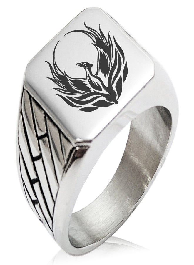 Tioneer Two-Tone Stainless Steel Greek Mythology Phoenix Engraved Geometric Pattern Biker Style Polished Ring, Size 8