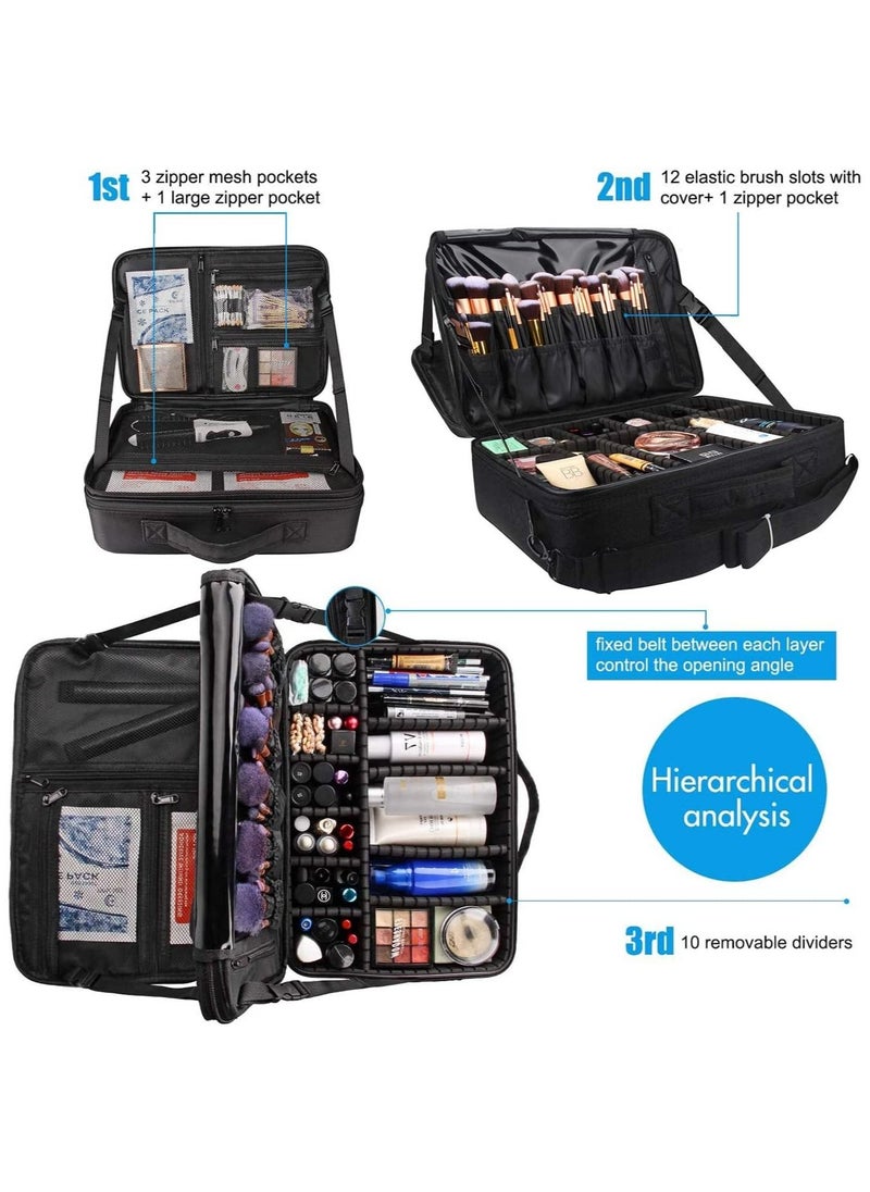 ORiTi - Large Capacity Makeup Case 3 Layers Cosmetic Organizer Brush bag Makeup Train Case Makeup Artist Box for Hair Curler Hair Straightener Brush Set - Image 1