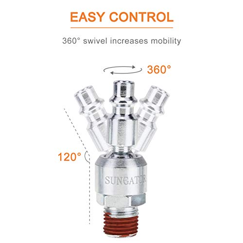 SUNGATOR سنجاتور 2-عبوة 1/4 بوصة ملحقات أدوات الهواء الدوارة، قابلة للدوران 360°، قابسات صناعية 1/4''، ملحقات خرطوم ضاغط الهواء MNPT 1/4''، موصلات خرطوم ذكر NPT للتوصيل السريع - Image 2