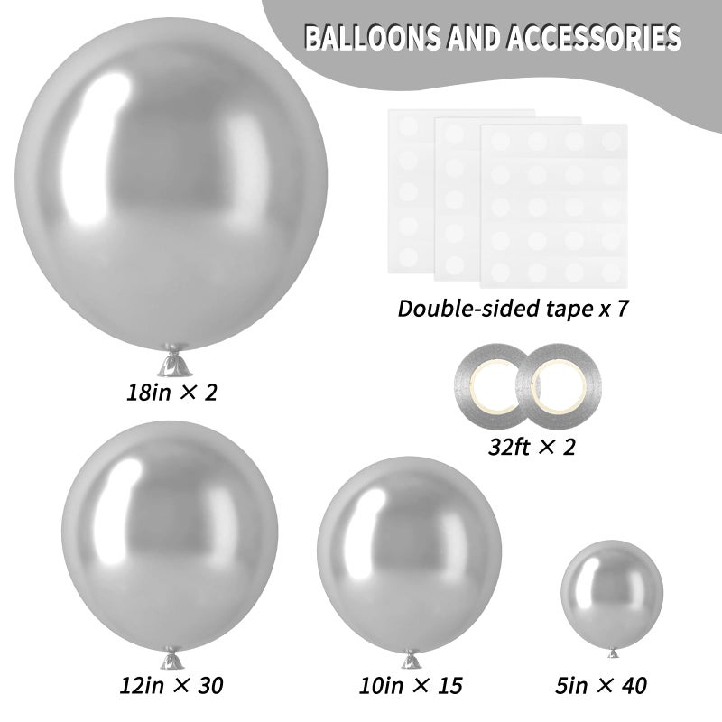 RUBFAC 87pcs Silver Balloons Latex Balloons Different Sizes 18 12 10 5 Inch Metallic Silver Chrome Party Balloon Kit for Birthday Party Graduation Baby Shower Wedding Holiday Balloon Decoration - Image 2