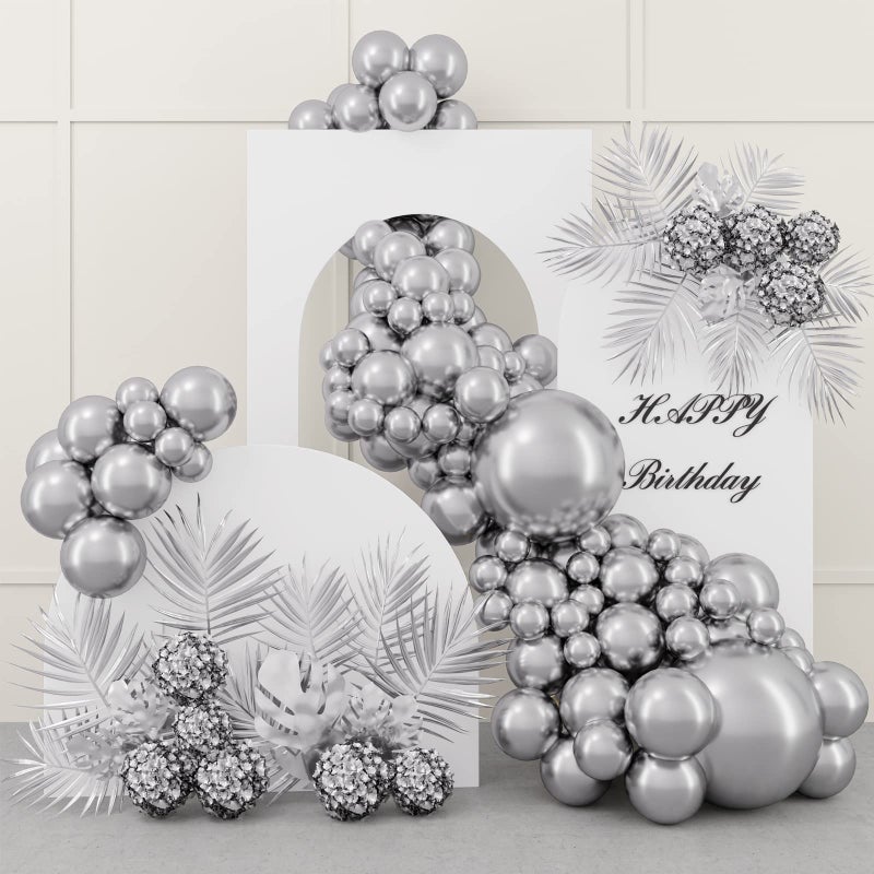 RUBFAC 87pcs Silver Balloons Latex Balloons Different Sizes 18 12 10 5 Inch Metallic Silver Chrome Party Balloon Kit for Birthday Party Graduation Baby Shower Wedding Holiday Balloon Decoration - Image 1
