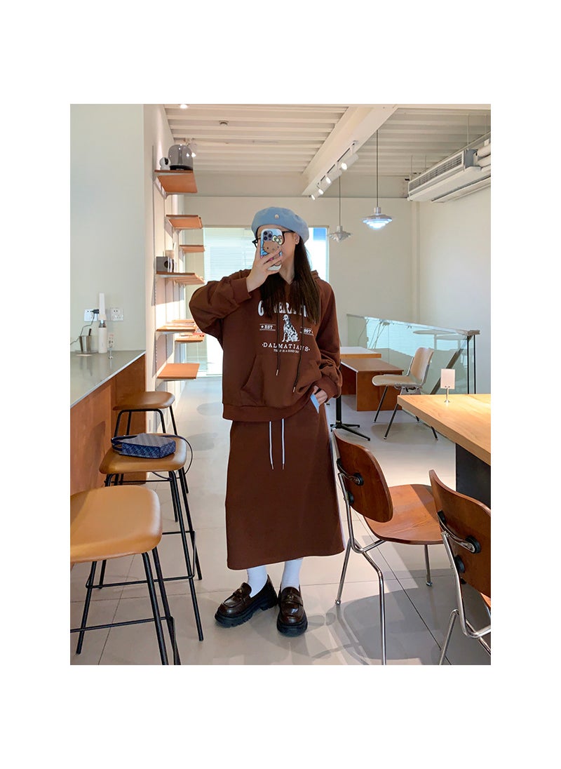 Generic Plus Size Autumn Dog Print Sweatshirt Skirt Set Brown skirt  - Image 3
