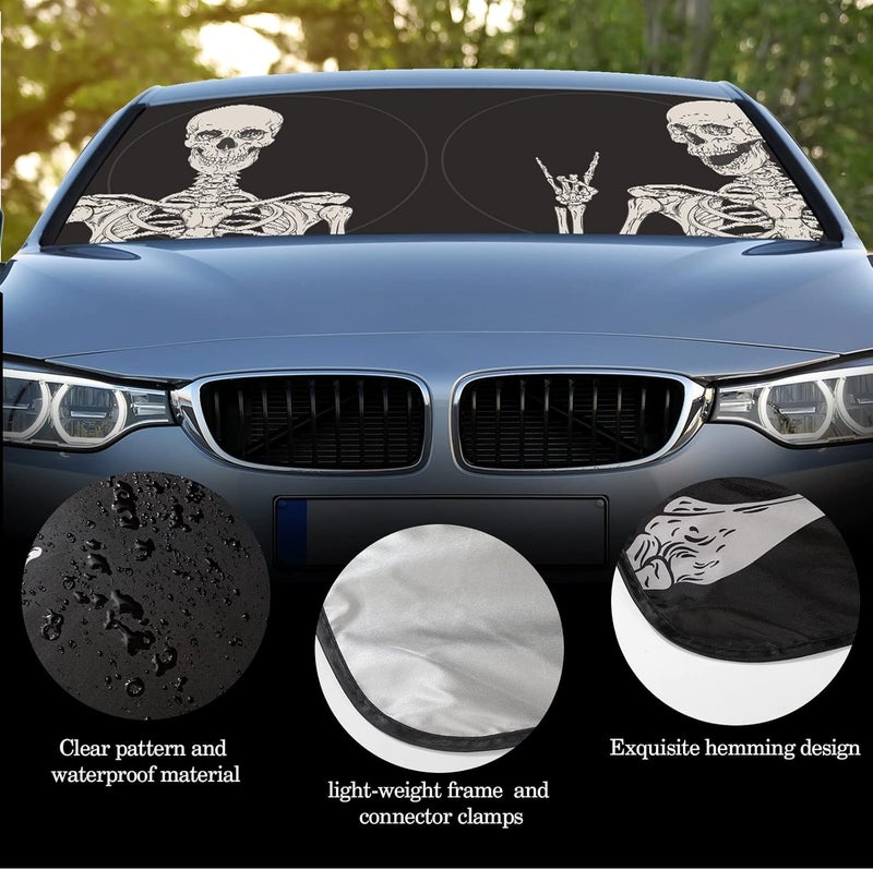 Woanger Skeleton Print Windshield Sun Shade Foldable Car Front Window Covers for Car Accessories Sun Heat UV Rays Visor Protector Protection for Universal Cars, SUV, Truck - Image 5
