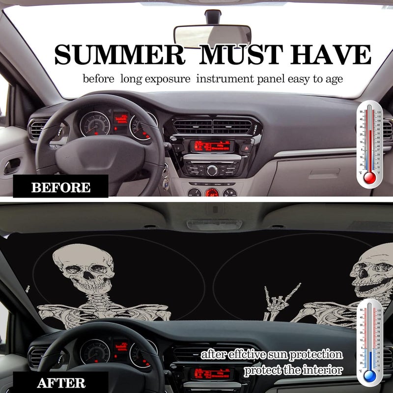 Woanger Skeleton Print Windshield Sun Shade Foldable Car Front Window Covers for Car Accessories Sun Heat UV Rays Visor Protector Protection for Universal Cars, SUV, Truck - Image 3