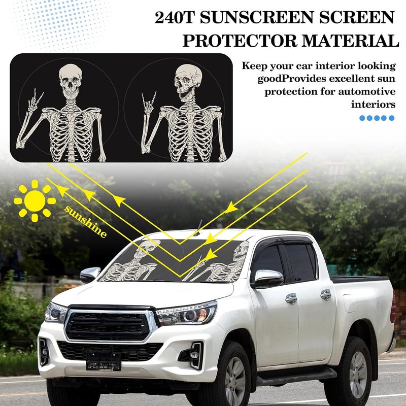 Woanger Skeleton Print Windshield Sun Shade Foldable Car Front Window Covers for Car Accessories Sun Heat UV Rays Visor Protector Protection for Universal Cars, SUV, Truck - Image 2