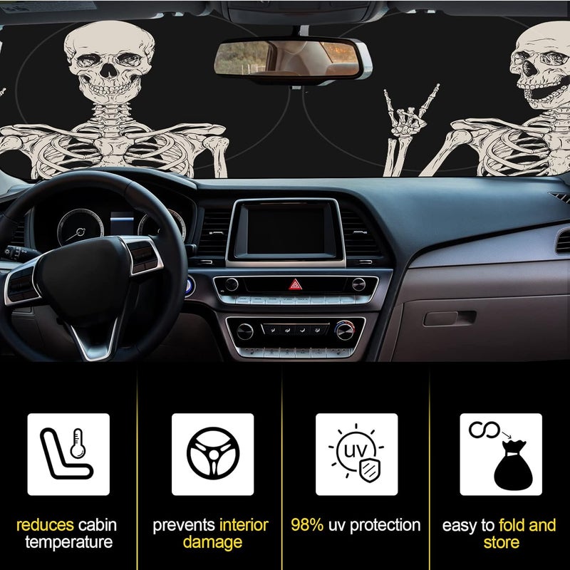 Woanger Skeleton Print Windshield Sun Shade Foldable Car Front Window Covers for Car Accessories Sun Heat UV Rays Visor Protector Protection for Universal Cars, SUV, Truck - Image 4