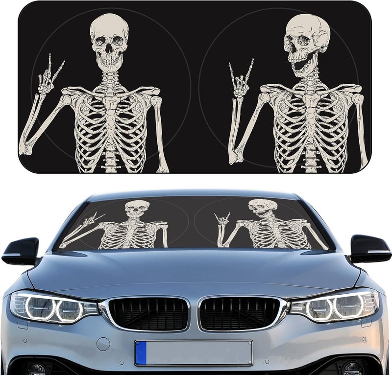 Woanger Skeleton Print Windshield Sun Shade Foldable Car Front Window Covers for Car Accessories Sun Heat UV Rays Visor Protector Protection for Universal Cars, SUV, Truck - Image 1