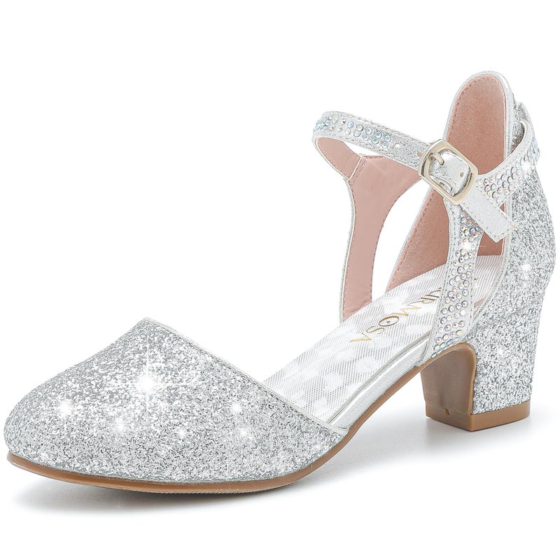 LAURMOSA Heels for Girls Silver Dress Shoes Girl Sandals for Wedding Party Dinner Closed Toe Low Chunky Block Ankle Strap Pump Shoes for Little Big Kids(L1013Silver 3) - Image 1
