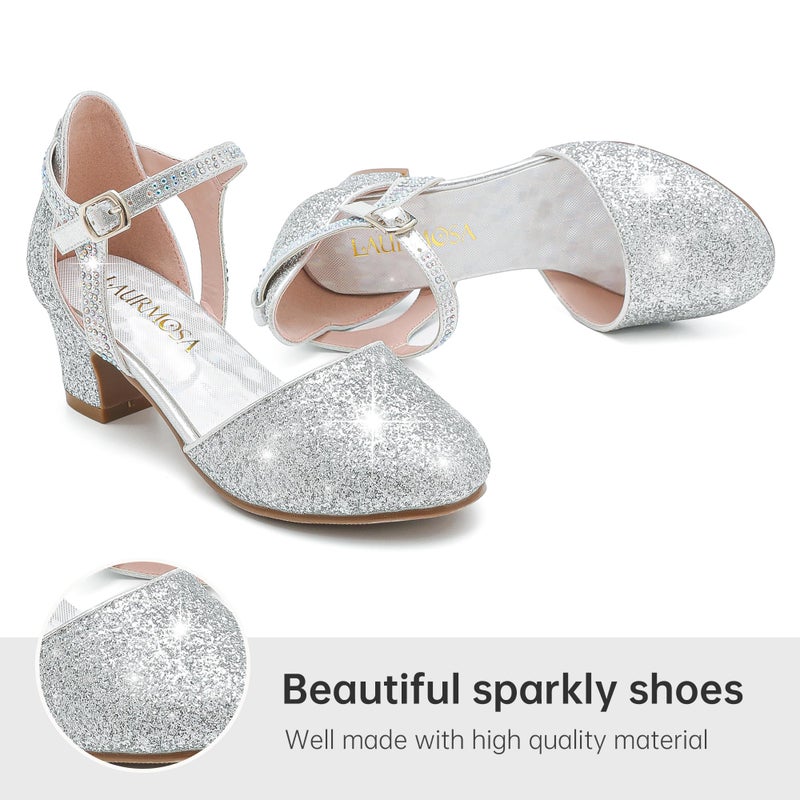 LAURMOSA Heels for Girls Silver Dress Shoes Girl Sandals for Wedding Party Dinner Closed Toe Low Chunky Block Ankle Strap Pump Shoes for Little Big Kids(L1013Silver 3) - Image 3