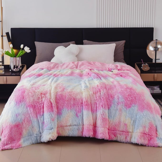 FUZZY FAUX FUR THROW BLANKET QUEEN SIZE TIEDYE RAINBOW SUPER SOFT COZY PLUSH FUZZY SHAGGY BLANKET FOR COUCH SOFA BED TIEDYE RAINBOW QUEEN90X90