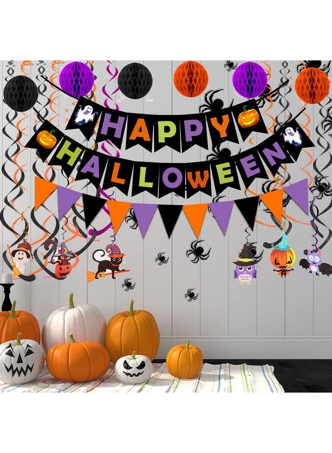 FECEDY Happy Halloween Banner Paper Triangle Flag Bunting Circle Confetti Dots Hanging Garland Honeycomb Ball Swirl Streamers for Halloween Party Decorations - Image 4