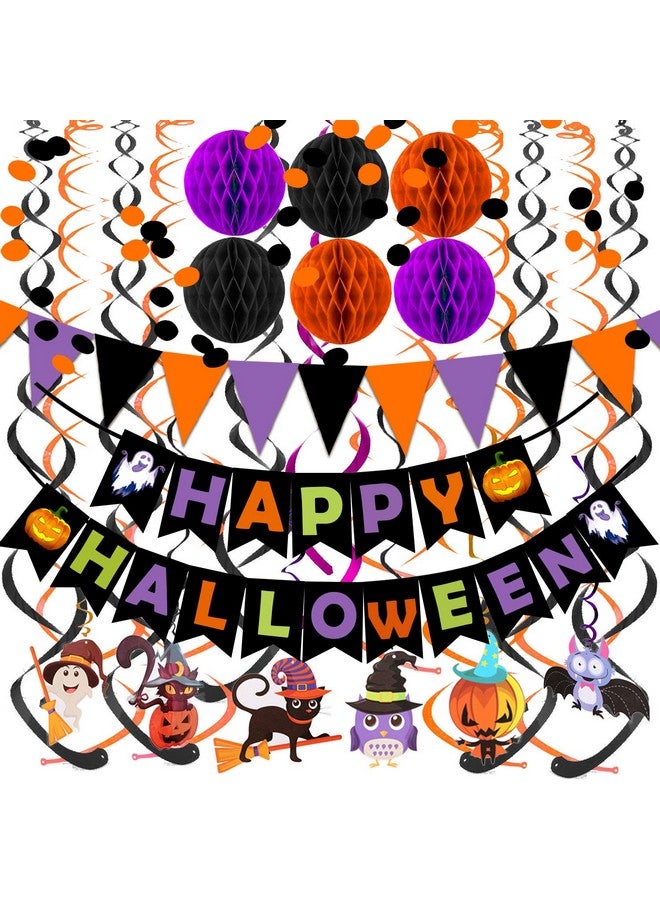 FECEDY Happy Halloween Banner Paper Triangle Flag Bunting Circle Confetti Dots Hanging Garland Honeycomb Ball Swirl Streamers for Halloween Party Decorations - Image 1