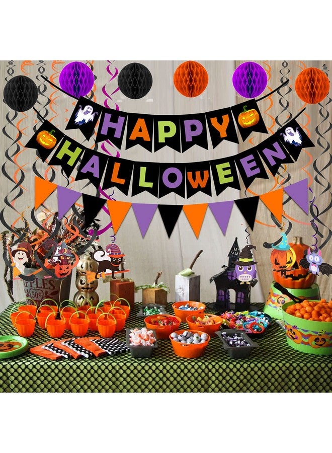 FECEDY Happy Halloween Banner Paper Triangle Flag Bunting Circle Confetti Dots Hanging Garland Honeycomb Ball Swirl Streamers for Halloween Party Decorations - Image 3