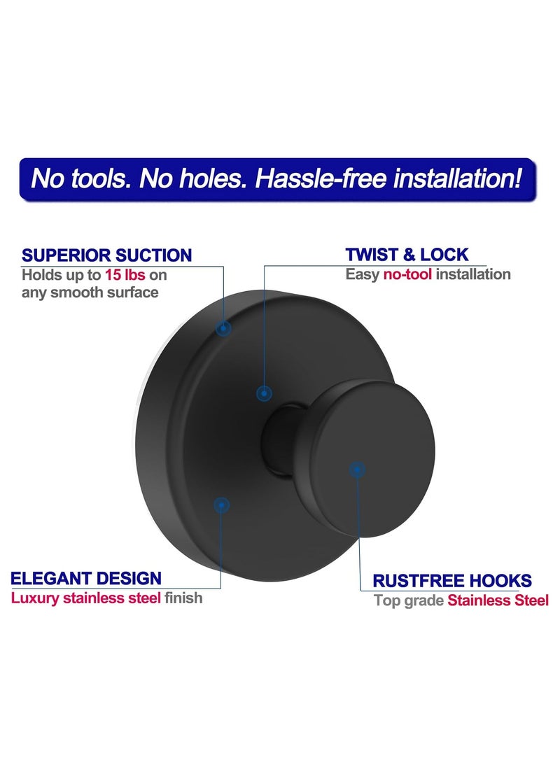 KADRAMA Upgrade Waterproof Suction Cup Hooks, Stainless Steel No-Drill Hooks for Shower, Kitchen, Glass Door, Mirror, Tile – Towel, Coat, Bath Robe Hook Holder for Hanging up to 15 lbs –Matte Black (2 Pack)  - Image 3