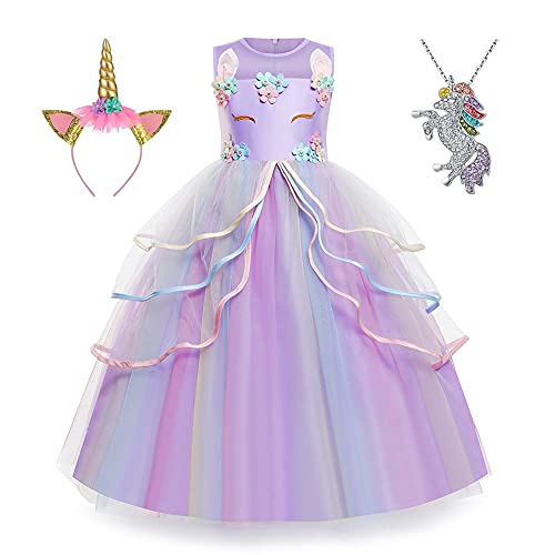 Yipkorra Unicorn Dress for Girls Unicorn Costume Pageant Princess Party Birthday Long Gown with Unicorn Headband & Necklace (Purple, 150 7-8 Years) - Image 1