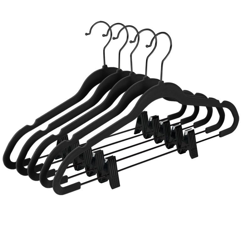 MIZGI Premium All Black Velvet Pants Hangers with Adjustable Clips (Pack of 20) Slim Skirt Hangers- Non Slip Felt Outfit Dress Hangers- Black Hooks,Space Saving Shirt Clothes Hangers - Image 1