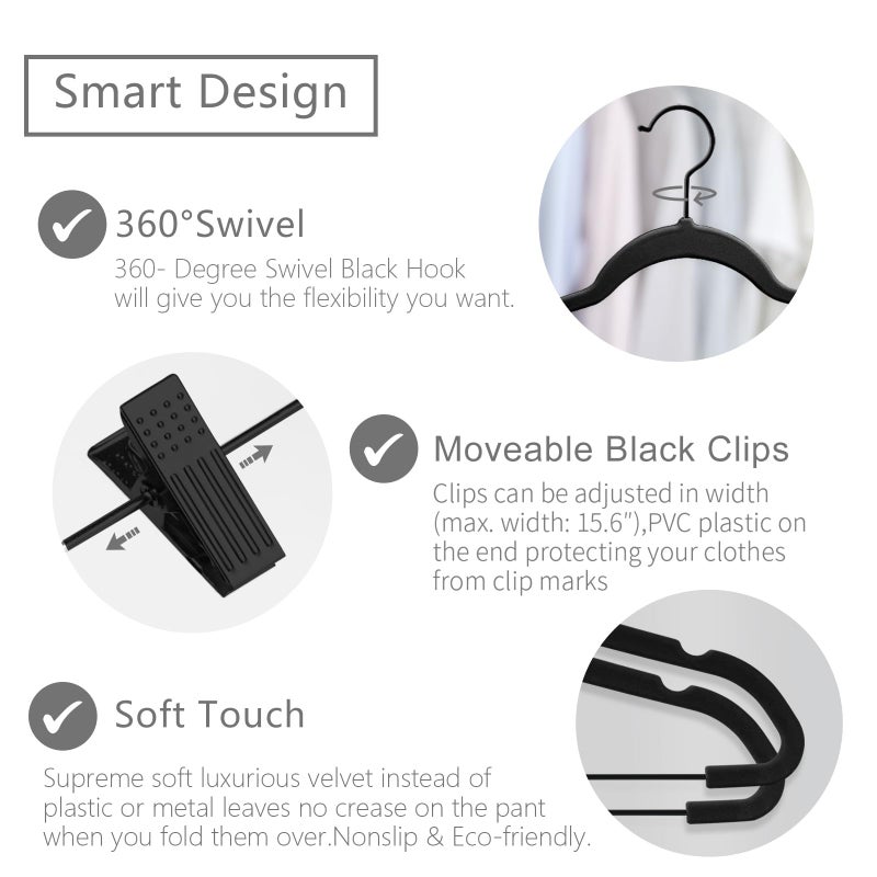 MIZGI Premium All Black Velvet Pants Hangers with Adjustable Clips (Pack of 20) Slim Skirt Hangers- Non Slip Felt Outfit Dress Hangers- Black Hooks,Space Saving Shirt Clothes Hangers - Image 2