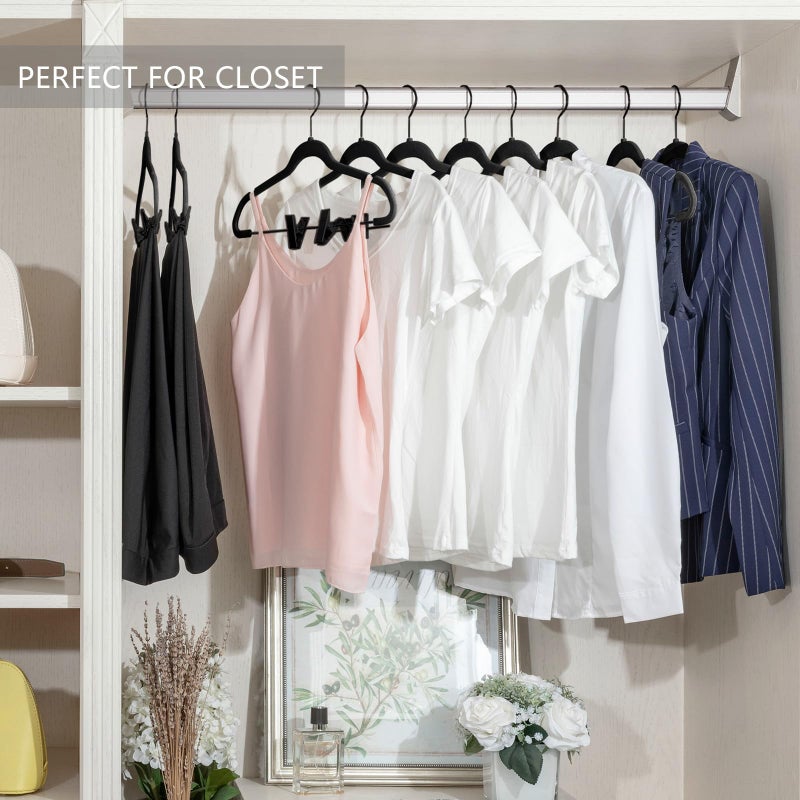 MIZGI Premium All Black Velvet Pants Hangers with Adjustable Clips (Pack of 20) Slim Skirt Hangers- Non Slip Felt Outfit Dress Hangers- Black Hooks,Space Saving Shirt Clothes Hangers - Image 5