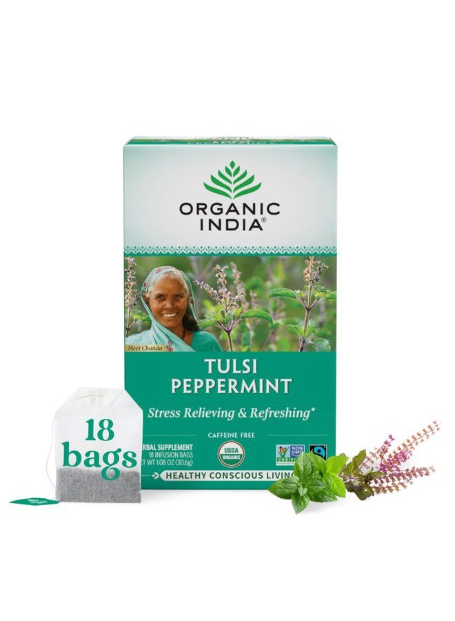 Organic India Organic India Tulsi Peppermint Tea, Immune Support, Organic, Non-GMO, and Fair Trade, 18 Infusion Bags (Pack of 1) - Image 1