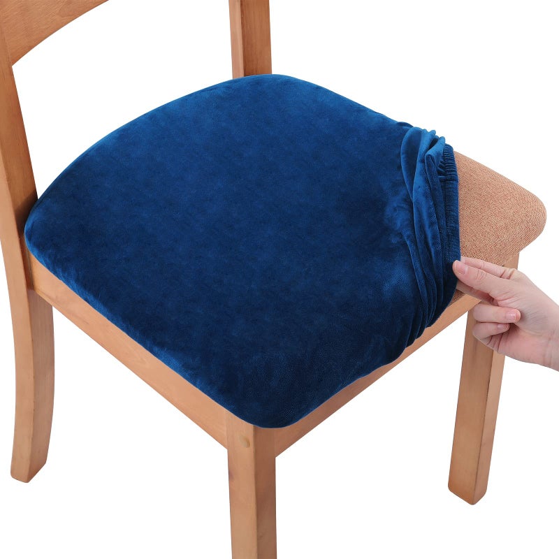 Smiry Velvet Seat Covers for Dining Room Chair Set of 4 Stretch Fit Removable Washable Chair Seat Cushion Protector Slipcovers with Ties Federal Blue - Image 2