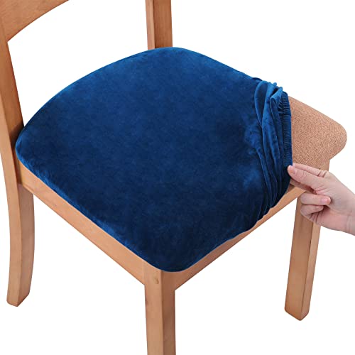 Smiry Velvet Seat Covers for Dining Room Chair Set of 4 Stretch Fit Removable Washable Chair Seat Cushion Protector Slipcovers with Ties Federal Blue - Image 1