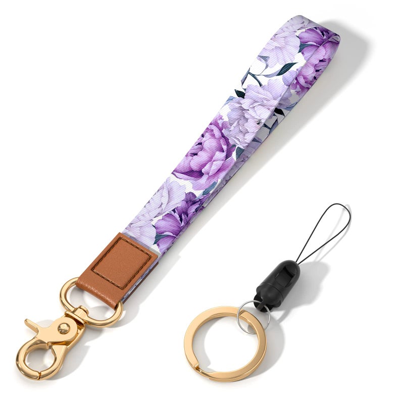 Hsxnam Wrist Lanyard Key Chain, Cute Wristlet Strap Keychain Holder for Women Men Keys ID Badges Phone Airpods, Purple Flower - Image 1