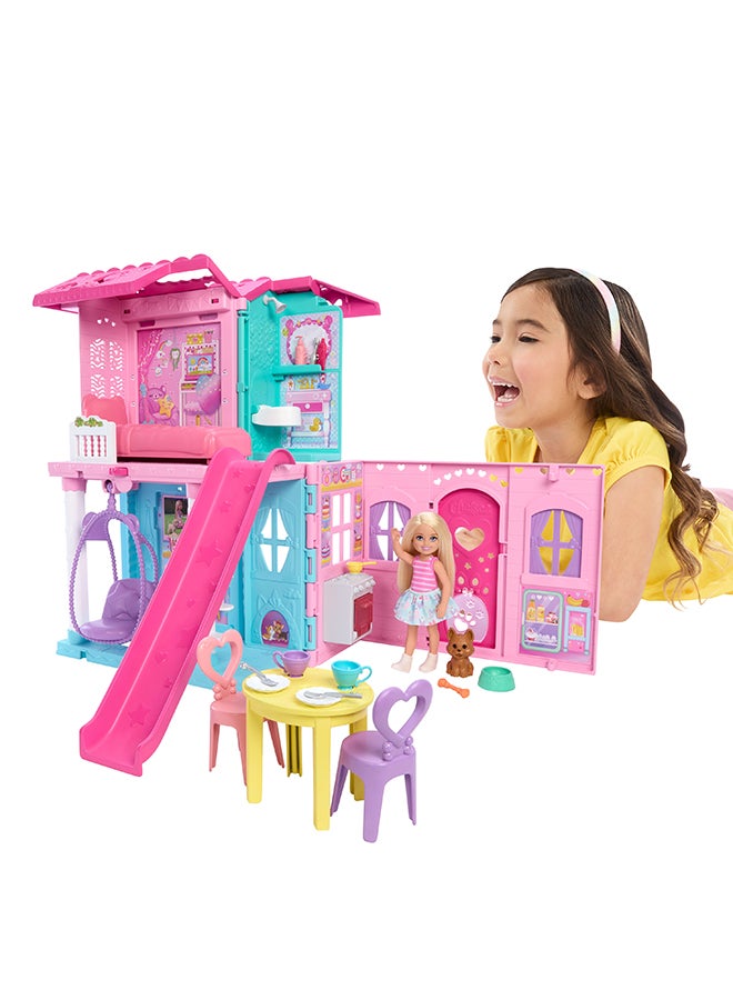 Barbie Chelsea Toy Dollhouse With 15+ Accessories, Pop-Up House Expands To 17+ X 13+ Inches With 5 Play Areas & Slide, Includes Small Doll & Pet Dog - Image 1