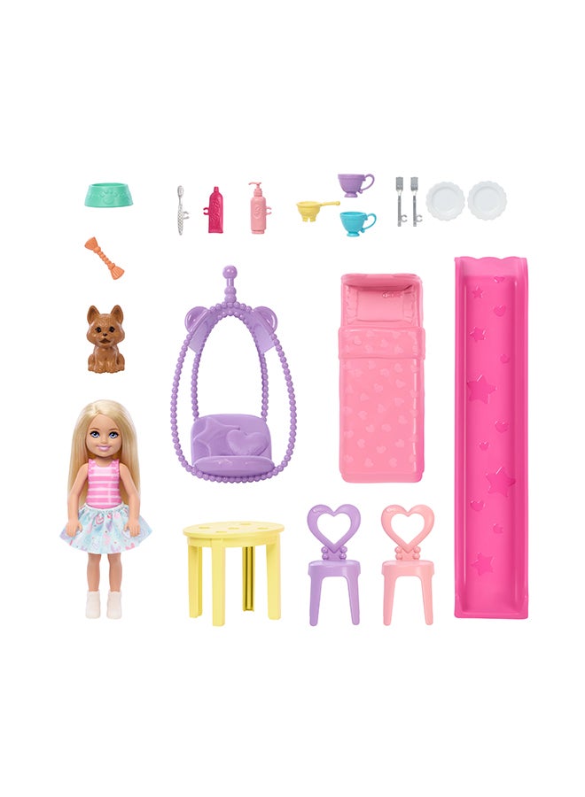 Barbie Chelsea Toy Dollhouse With 15+ Accessories, Pop-Up House Expands To 17+ X 13+ Inches With 5 Play Areas & Slide, Includes Small Doll & Pet Dog - Image 4