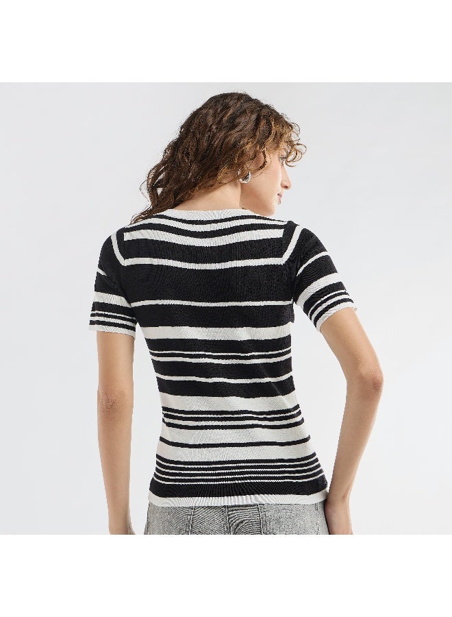 Splash FAV Striped Round Neck T-shirt with Short Sleeves - Image 1
