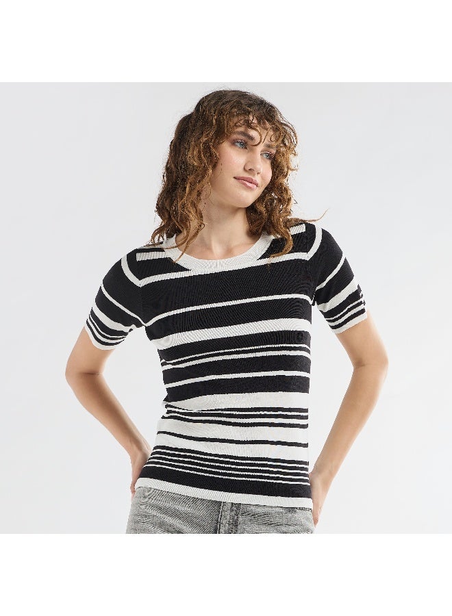 Splash FAV Striped Round Neck T-shirt with Short Sleeves - Image 4