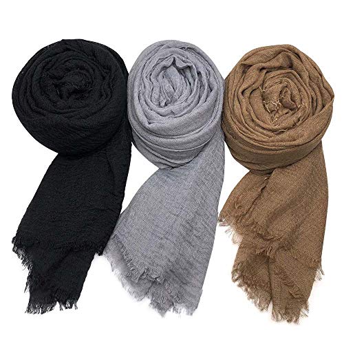 XRDSS Summer Cotton Blend Crinkle Vintage Soft Scarf with Fringed Edges 35" × 70" (Black/Gray/Brown) - Image 1