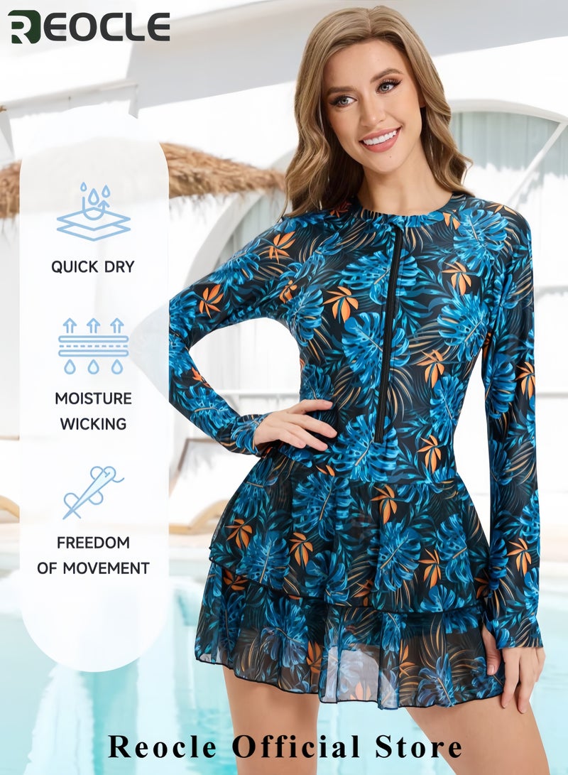 REOCLE Womens Rash Guard Long Sleeve UPF 50+ Zip Up One Piece Swimsuits with Shorts Modest Swim Dress with Built in Bra  - Image 2