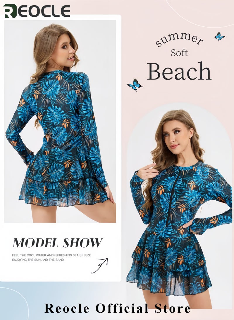 REOCLE Womens Rash Guard Long Sleeve UPF 50+ Zip Up One Piece Swimsuits with Shorts Modest Swim Dress with Built in Bra  - Image 3